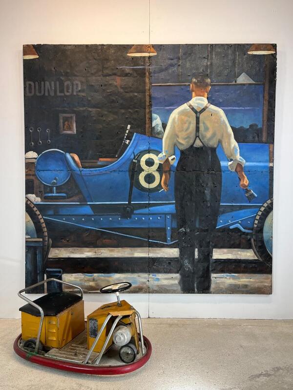 Man with a Bugatti oil on metal